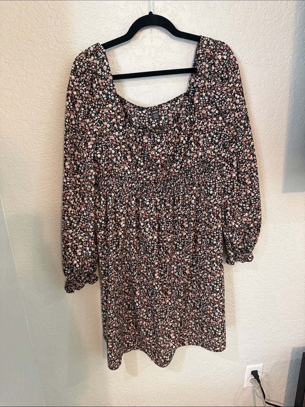SHEIN Black Floral Smocked Waist Mini Dress with Pink & White Blossoms
